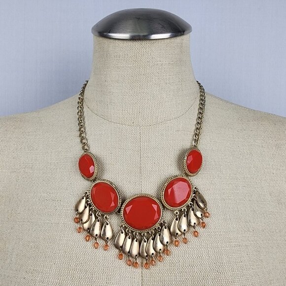 GOLD Tone Red Dangle Statement Necklace - Picture 1 of 7